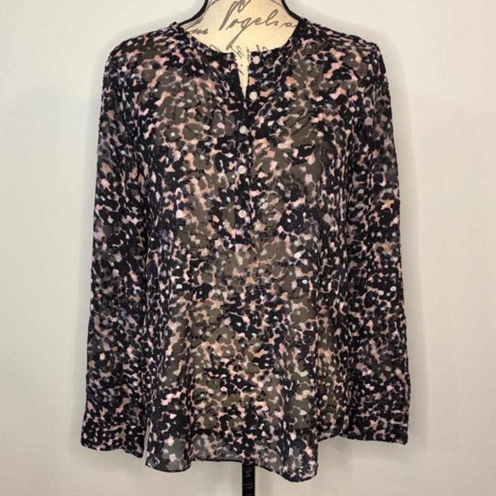 Rebecca Taylor silk cotton burnout print top blouse henley button placket 6
